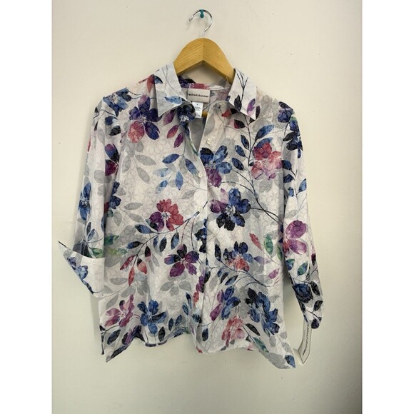 Alfred Dunner Tops - Alfred Dunner White Multi Small  Floral Button Down 3/4 Sleeve Casual Top